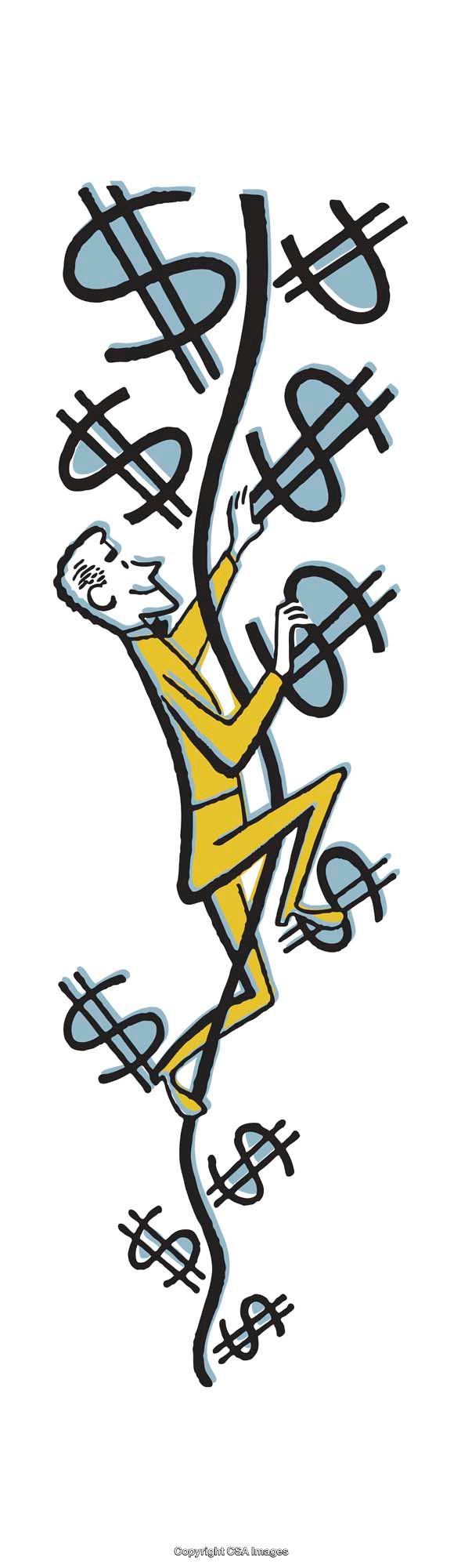 Illustration of a Businessman Climbing a Rope of Dollar Signs