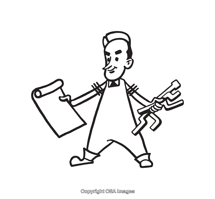 Hand-Drawn Illustration of a Worker with Tools and Blueprint