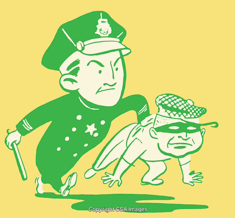 Colorful Cartoon Illustration of Policeman Catching a Thief in Whimsical Style