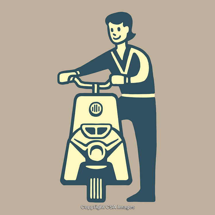 Stylized Illustration of a Person and Motor Scooter in Vintage Colors