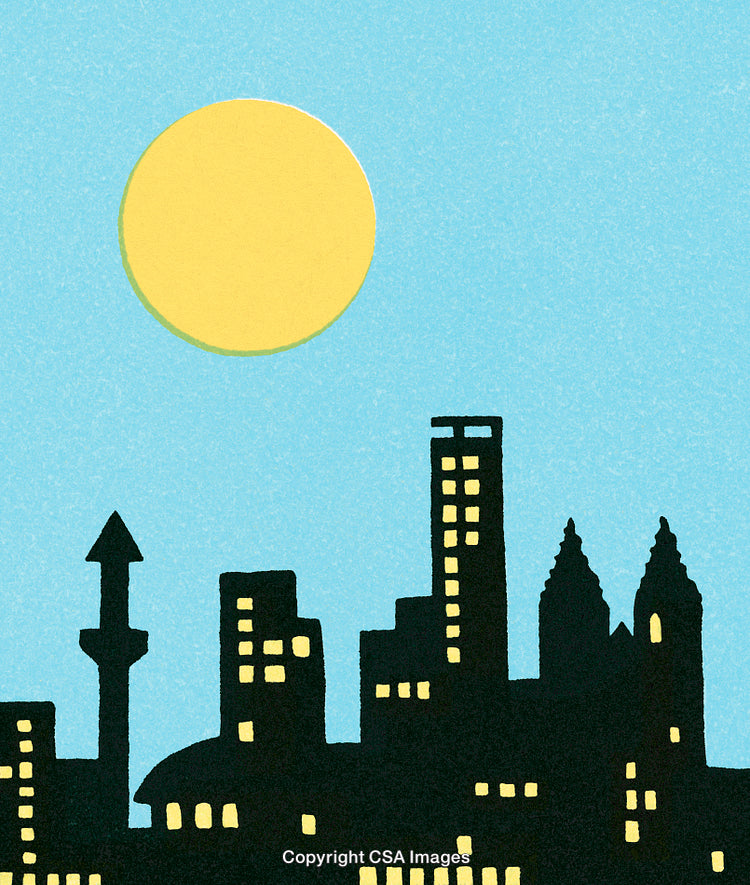 Silhouette Urban Skyline Against Bright Yellow Sun and Clear Blue Sky
