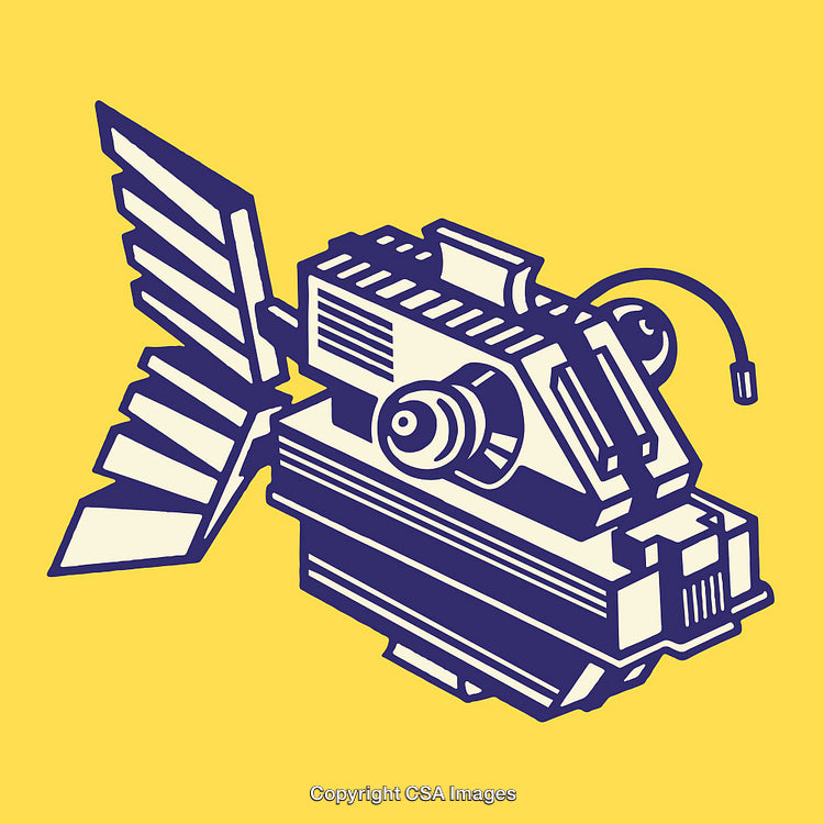 Abstract Robotic Fish Illustration with Bold Line Art on Yellow Background