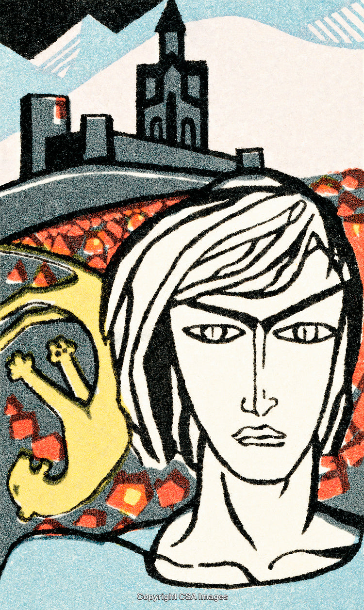 Abstract Illustration Featuring a Person and a Castle in Bright Colors