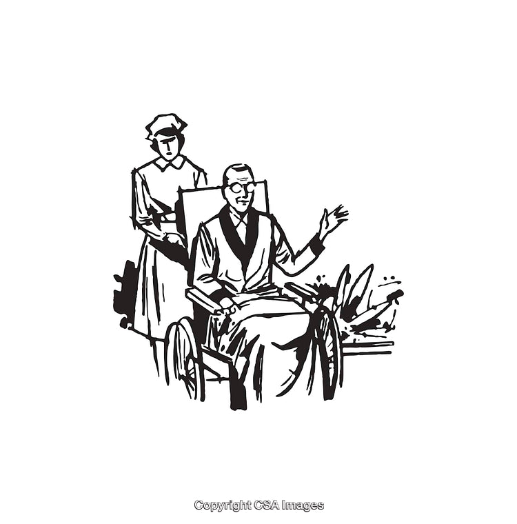 Black and White Line Art of a Caregiver and Wheelchair User
