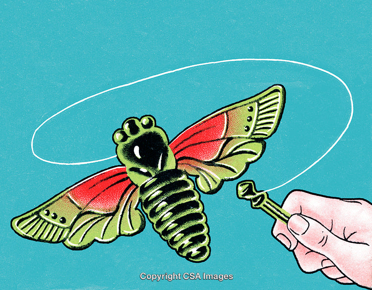 Vintage Illustration of a Colorful Toy Insect in a Dynamic Setting