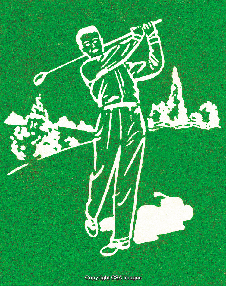 Classic Illustration of Golfer Swinging on a Scenic Golf Course