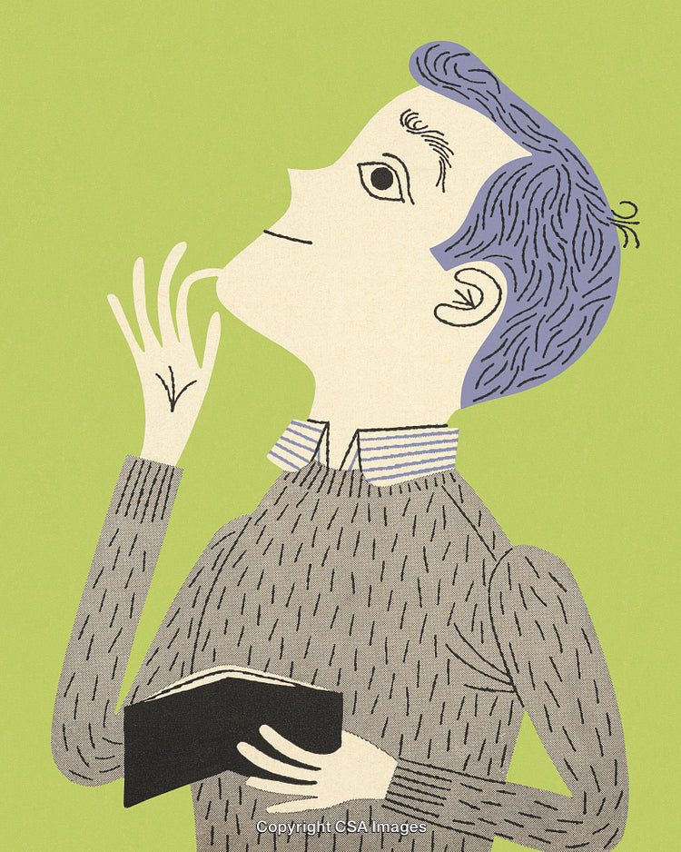 Illustrated Man Reading a Book and Deep in Thought on Green Background