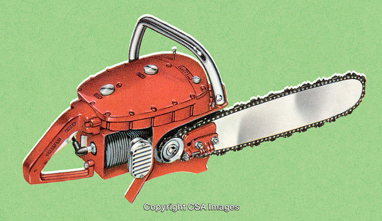 Retro Styled Red Chainsaw on Green Background Showing Details