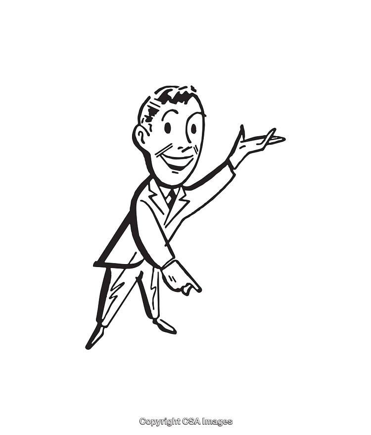 Vintage Line Art Illustration of a Smiling Businessman Pointing and Presenting