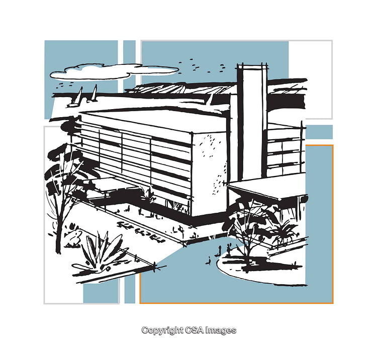 Hand-Drawn Illustration of a Modern Urban Building and Landscape