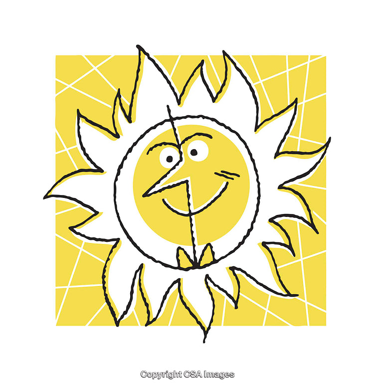Hand-Drawn Cartoon Sun Illustration with Yellow Background