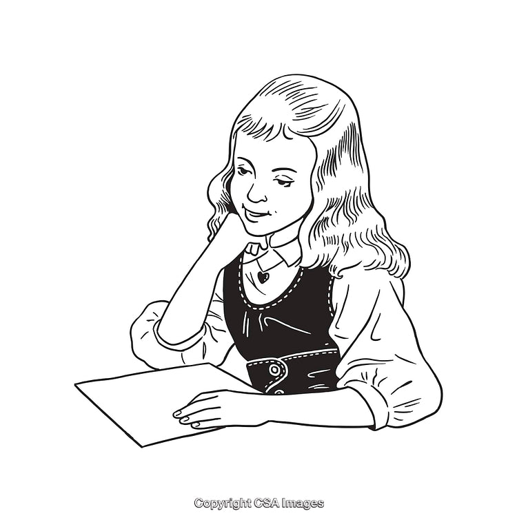 Black and White Line Drawing of a Girl Reading a Document