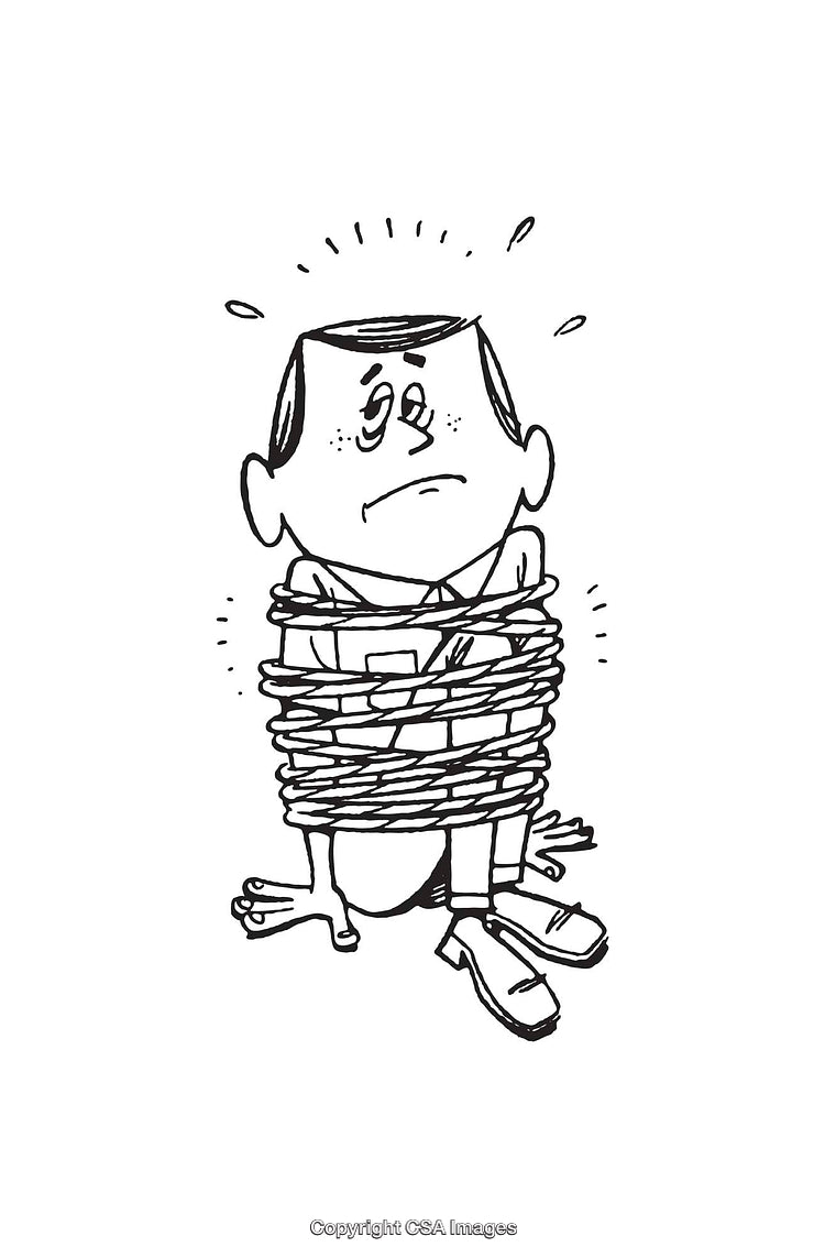 Cartoon Illustration of a Tied-Up Man with Expressive Dismay in Line Art