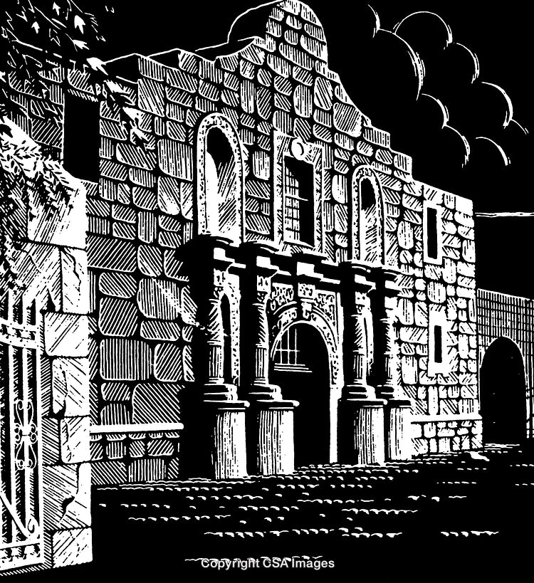 Black and White Engraving of Historic Stone Structure at Night