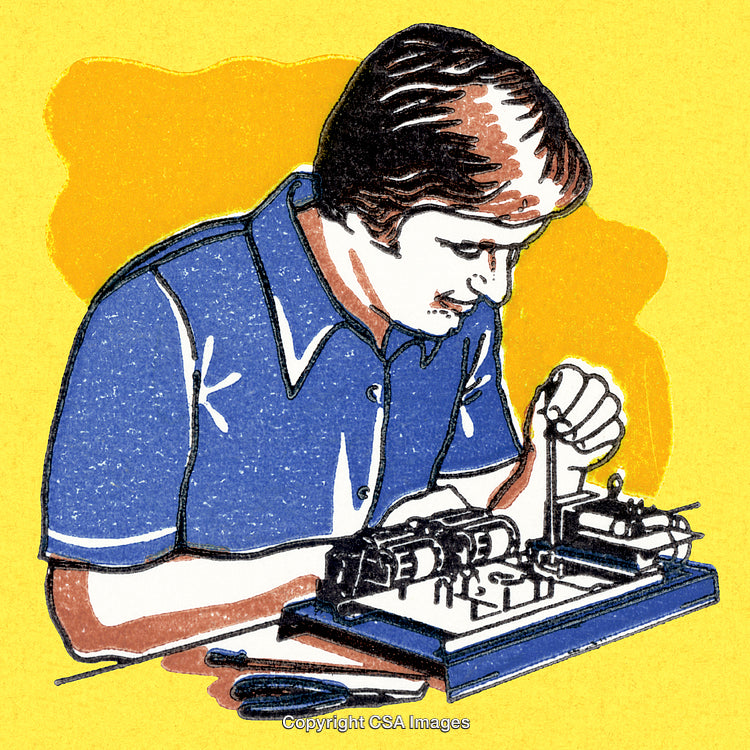 Illustration of a Man Working on an Electronic Device With Tools