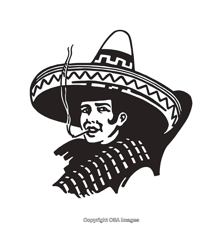 Black and White Illustration of a Sombrero-Wearing Character Smoking