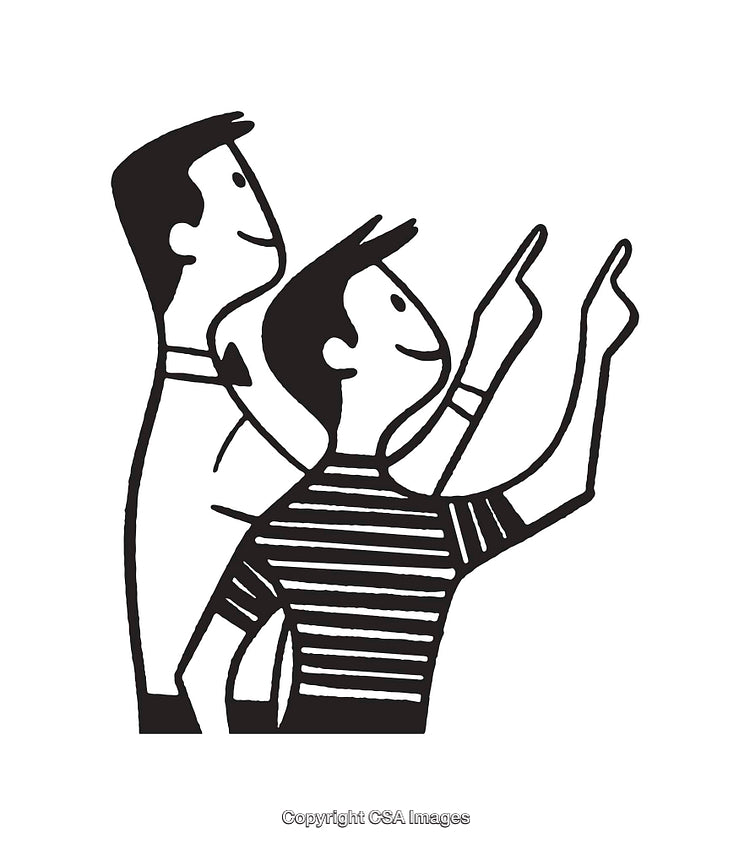 Black and White Illustration of Two Friends Pointing Forward