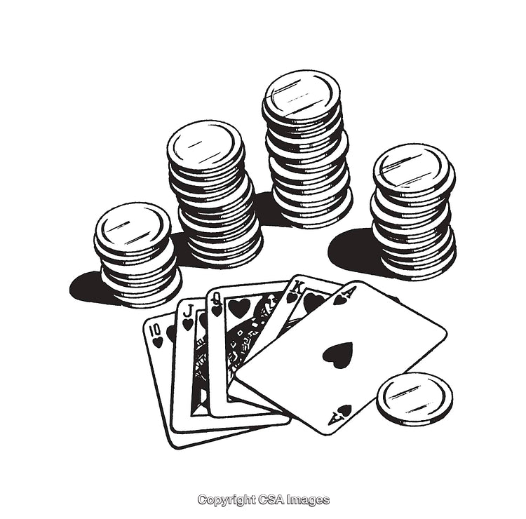 Black and White Line Art of Poker Chips and Playing Cards