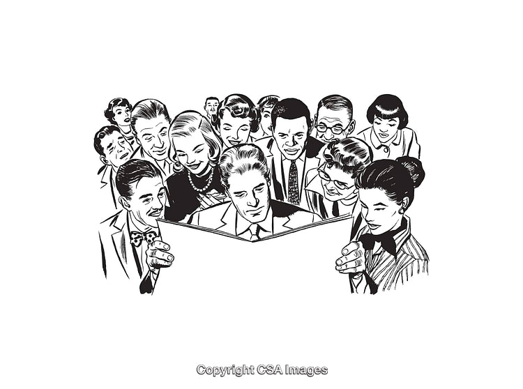 Group of People Sharing a Common Interest in a Retro Style Artwork