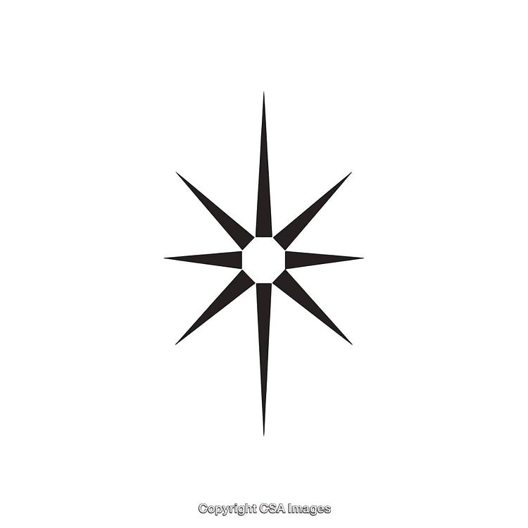 Geometric Black Star Symbol with Eight Points on a White Background
