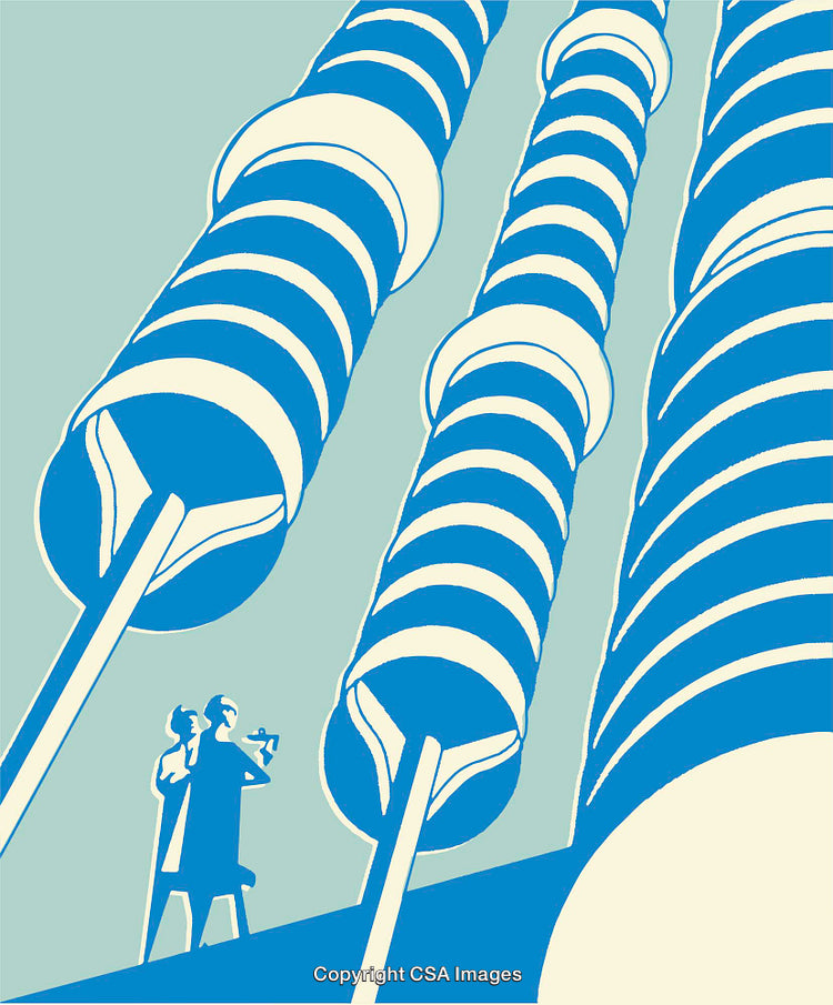 Abstract Industrial Illustration with Scientists and Spiral Structures in Blue