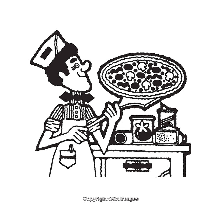 Vintage Black and White Line Art Illustration of a Pizza Chef Drawing