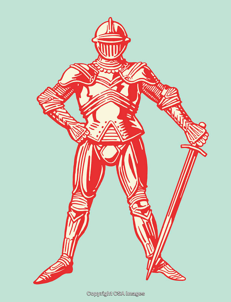 Illustrated Red Armored Knight Holding Sword on Green Background