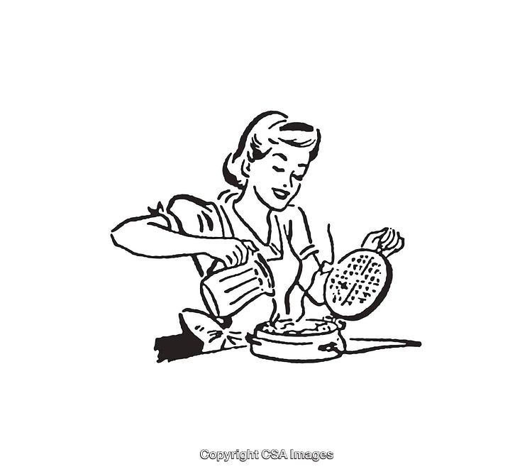 Vintage Black and White Illustration of Woman Making Waffles