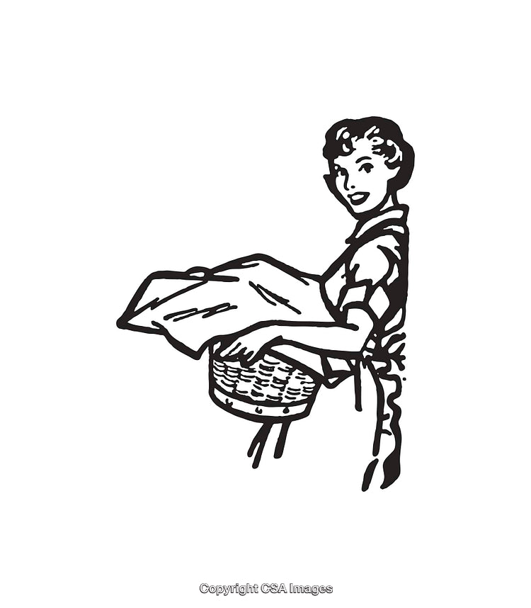 Retro Line Art of Woman Doing Laundry Task Holding Clothes Basket