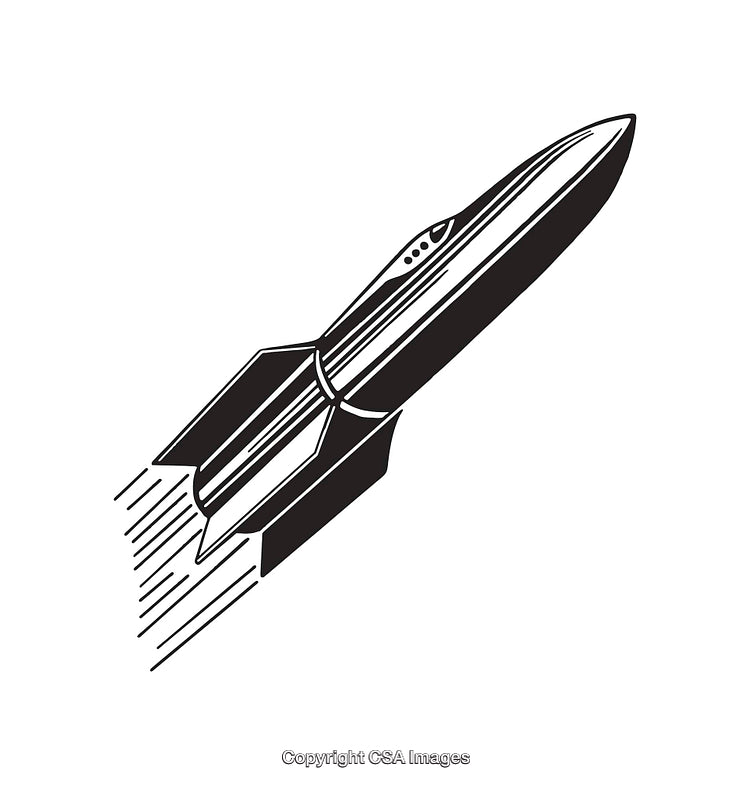 Black and White Line Art of a Rocket in Motion