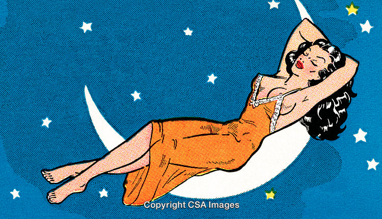 Vintage Comic Art of a Woman Relaxing on a Crescent Moon