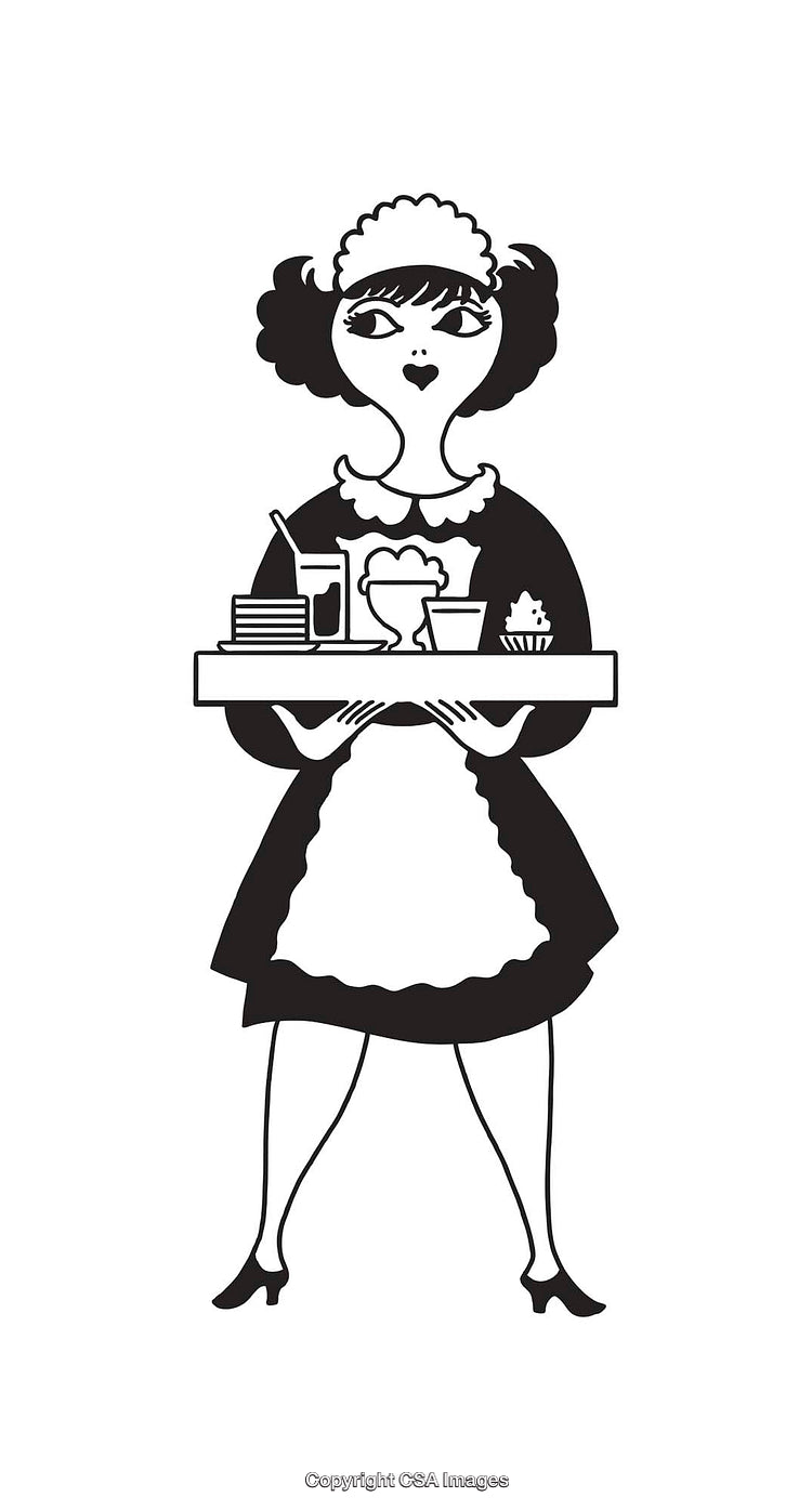 Black and White Illustration of a Maid Carrying a Tray of Food