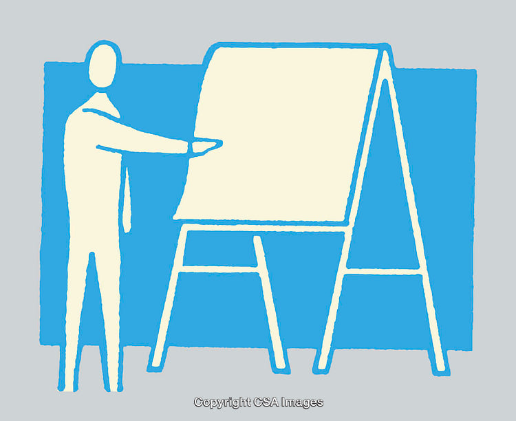 Minimalistic Illustration of a Figure Presenting on a Flipchart