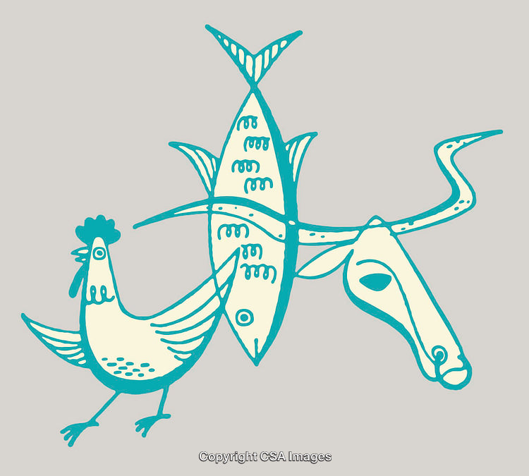 Abstract Line Art Illustrating Chicken, Fish, and Skull in Teal and Cream Tones