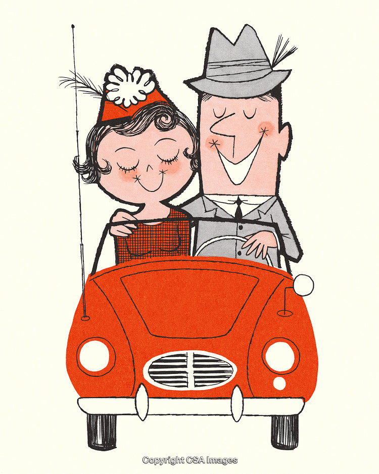 Charming Vintage Illustration of a Happy Couple Driving a Red Retro Car