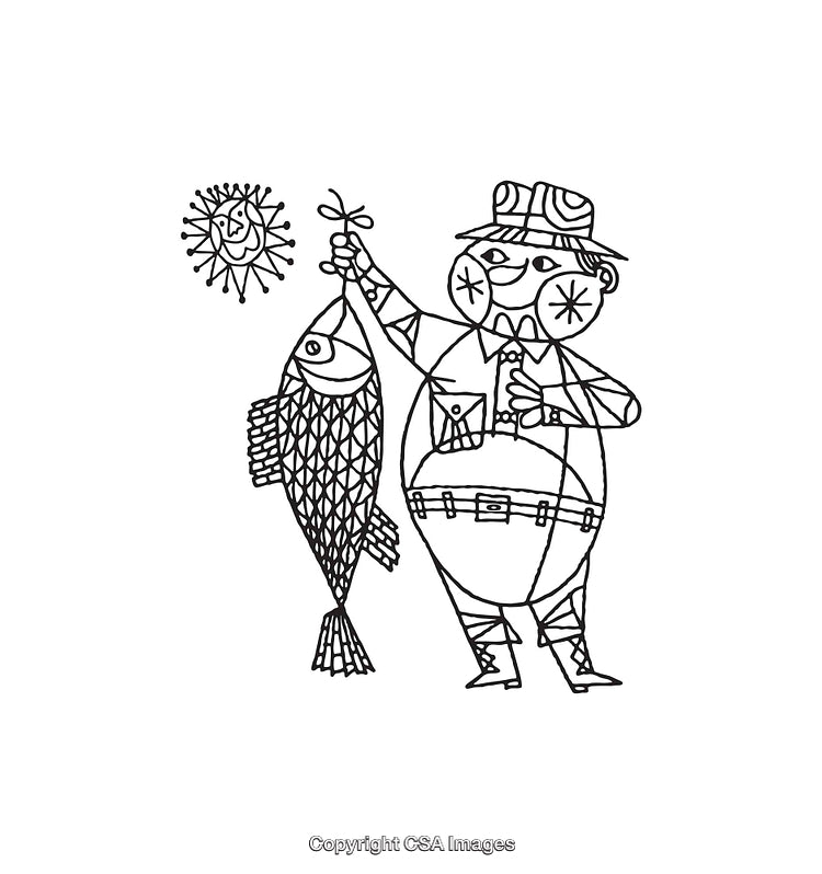 Black and White Line Art of Fisherman with Large Caught Fish