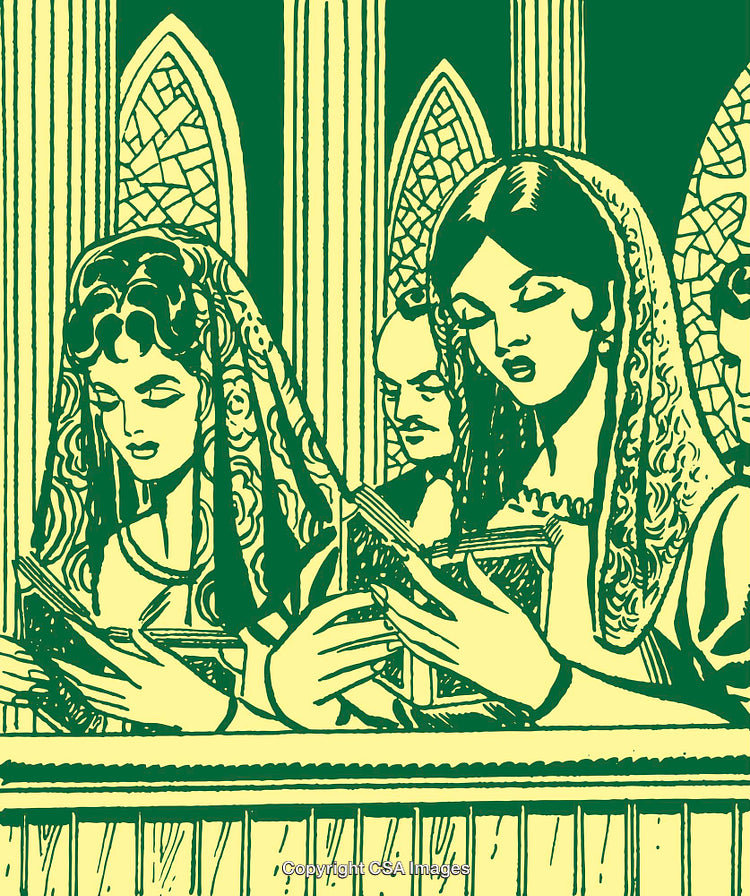 Vintage Illustration of Women Singing Hymns in a Church Setting