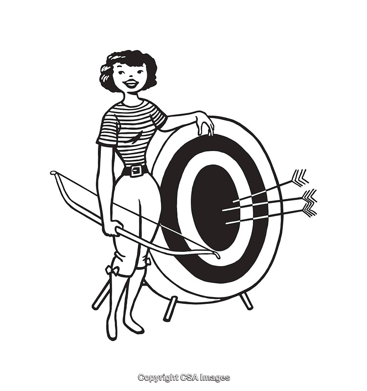 Retro Archery Scene Depicting A Woman With A Target and Bow