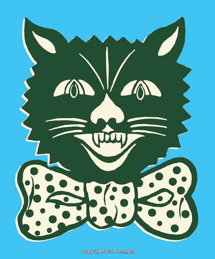 Retro Styled Cat Illustration with Polka Dot Bowtie on Blue Background