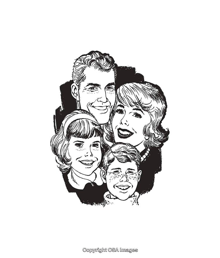 Retro Black-and-White Illustrated Portrait of a Smiling Family