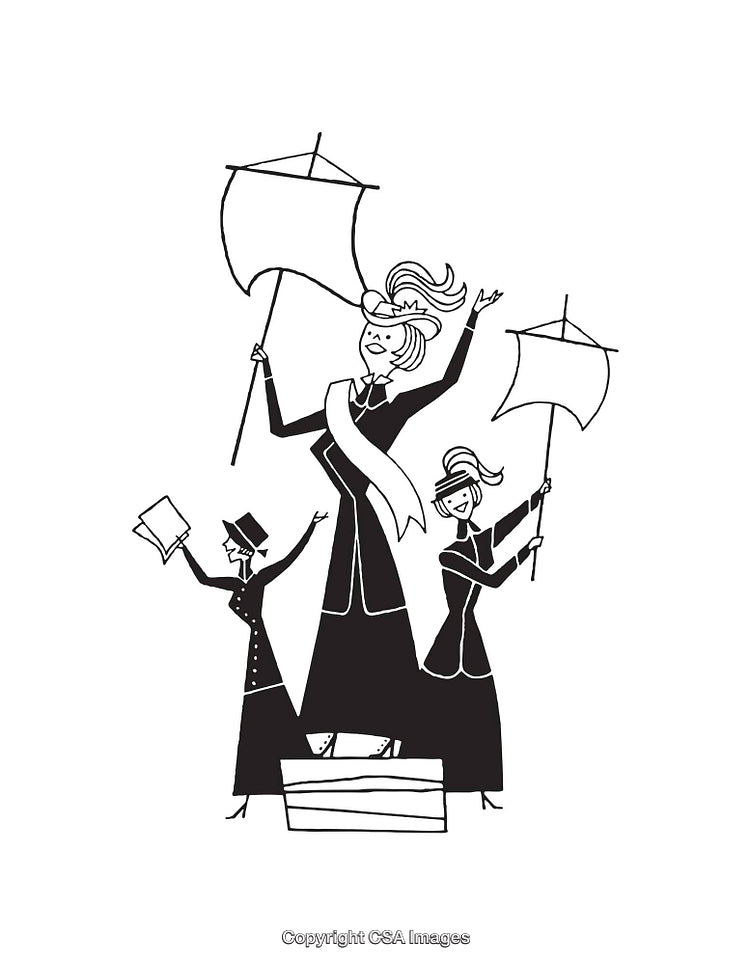 Black and White Line Art of Historical Women Protesting for Their Rights