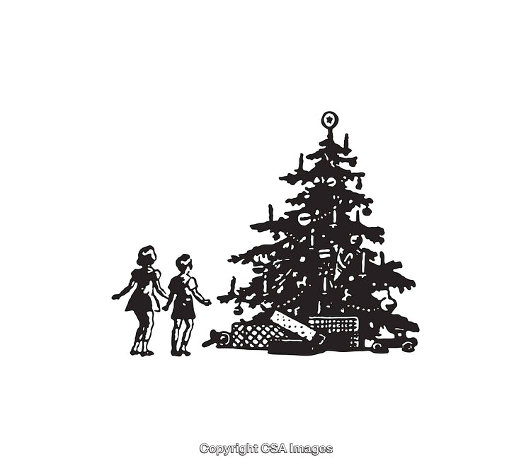 Black and White Sketch of Christmas Tree with Two Figures