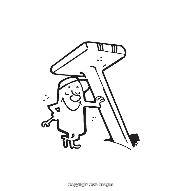 Cartoon Character with a Letter T Leaning in Black and White Illustration