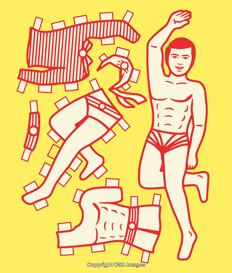 Retro Style Paper Doll Illustrations with Fashion Accessories on Yellow Background