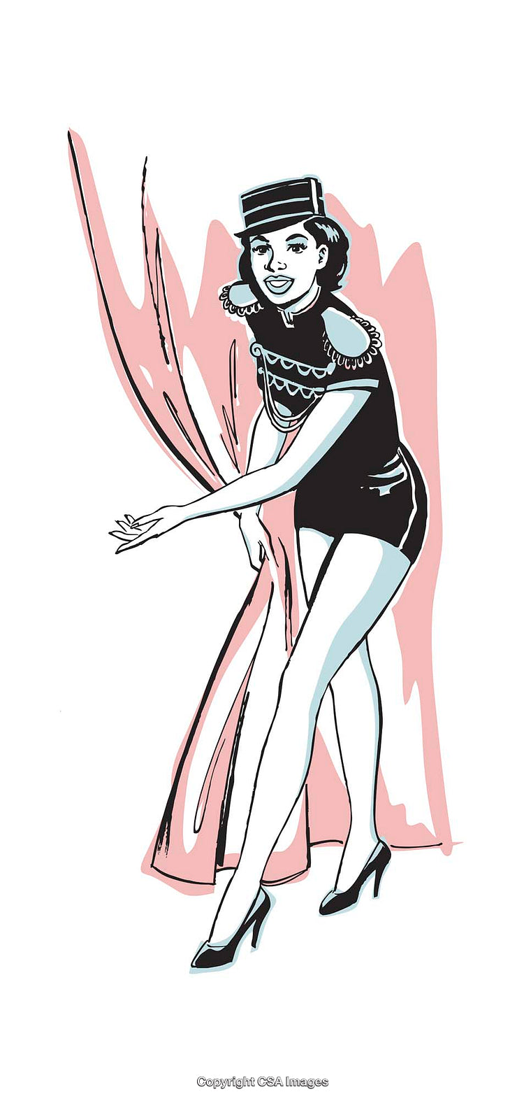 Illustration of a Cheerful Woman in Retro Costume With a Theatrical Curtain