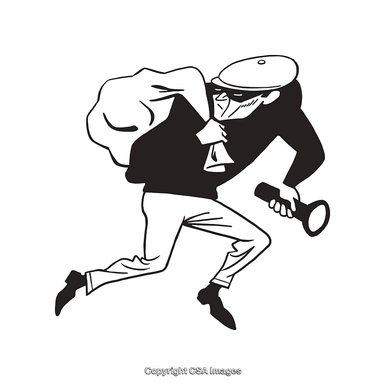 Black and White Line Art Illustration of a Burglar Carrying a Bag and Flashlight