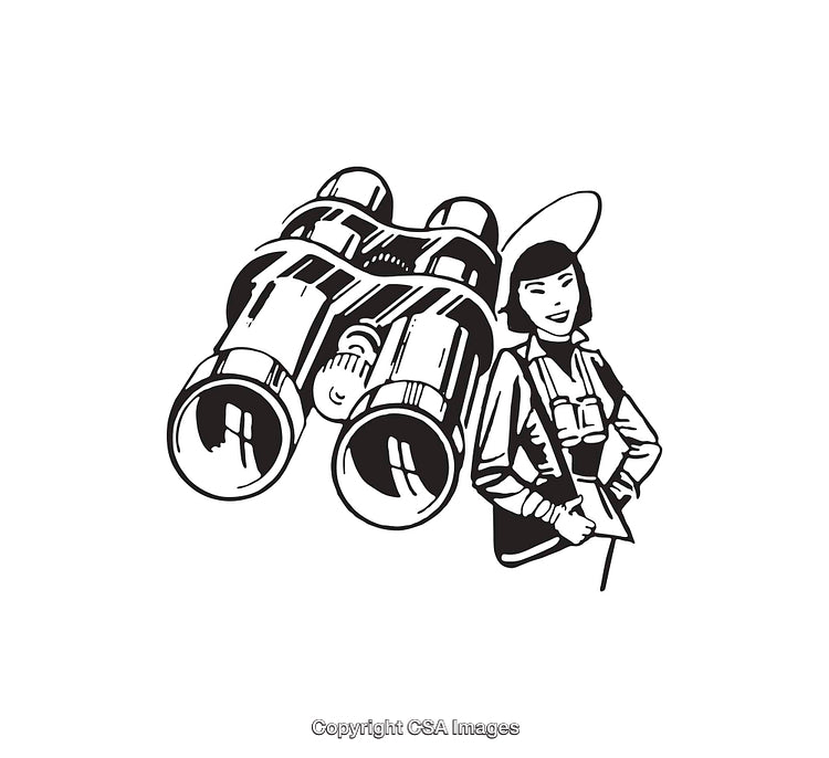 Black and White Line Art Illustration of a Person with Binoculars