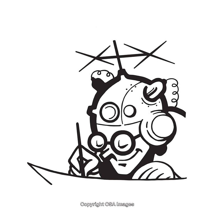 Retro Scientist Drawing with Futuristic Gadget in Hand Drawn Line Art Style