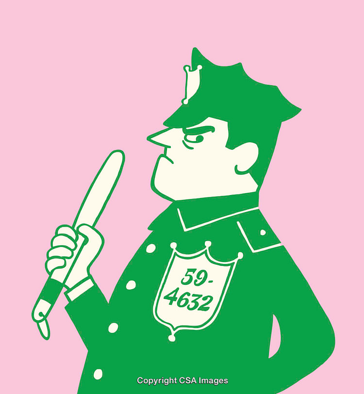 Cartoon Character of a Policeman in Green Line Art on Pink Background