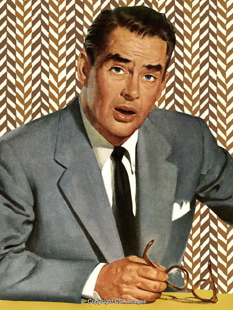 Portrait of a Man in a Suit Holding Glasses Against a Patterned Background